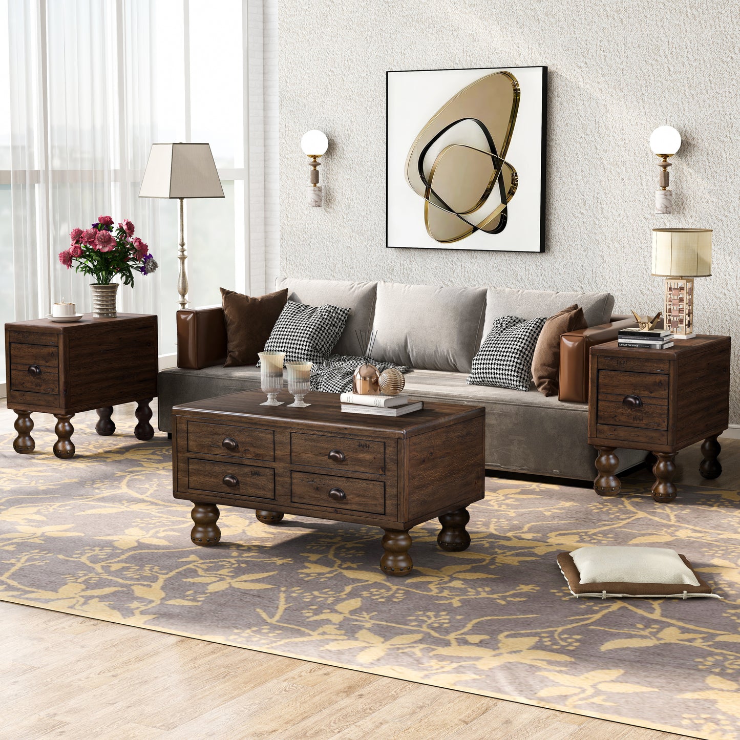 Rectangle Living Room Coffee Table Set,  3-Piece Solid Wood Living Room Table Set, 1 Coffee Table and 2 End Table, Wood Center Table Tea Table Set with Rivet Decoration Legs.Espresso