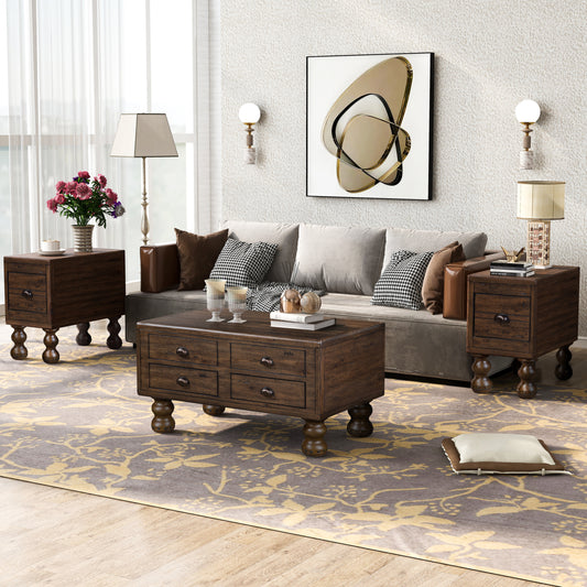 Rectangle Living Room Coffee Table Set,  3-Piece Solid Wood Living Room Table Set, 1 Coffee Table and 2 End Table, Wood Center Table Tea Table Set with Rivet Decoration Legs.Espresso