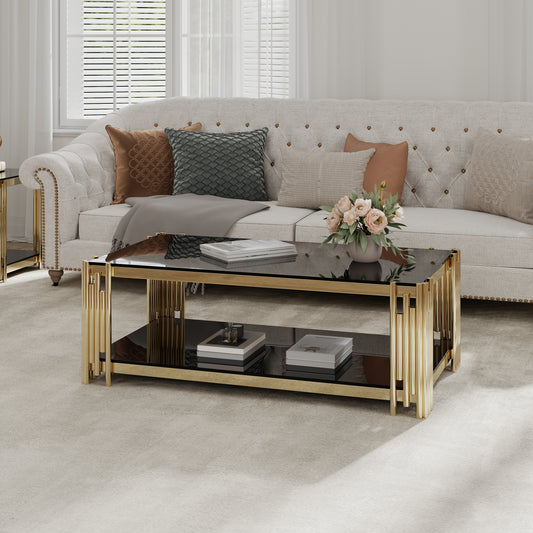 Woker Furniture  48' Wide Rectangular Coffee Table with Black Tempered Glass Top, Golden Stainless Steel Double-Layer Coffee Table for Living Room