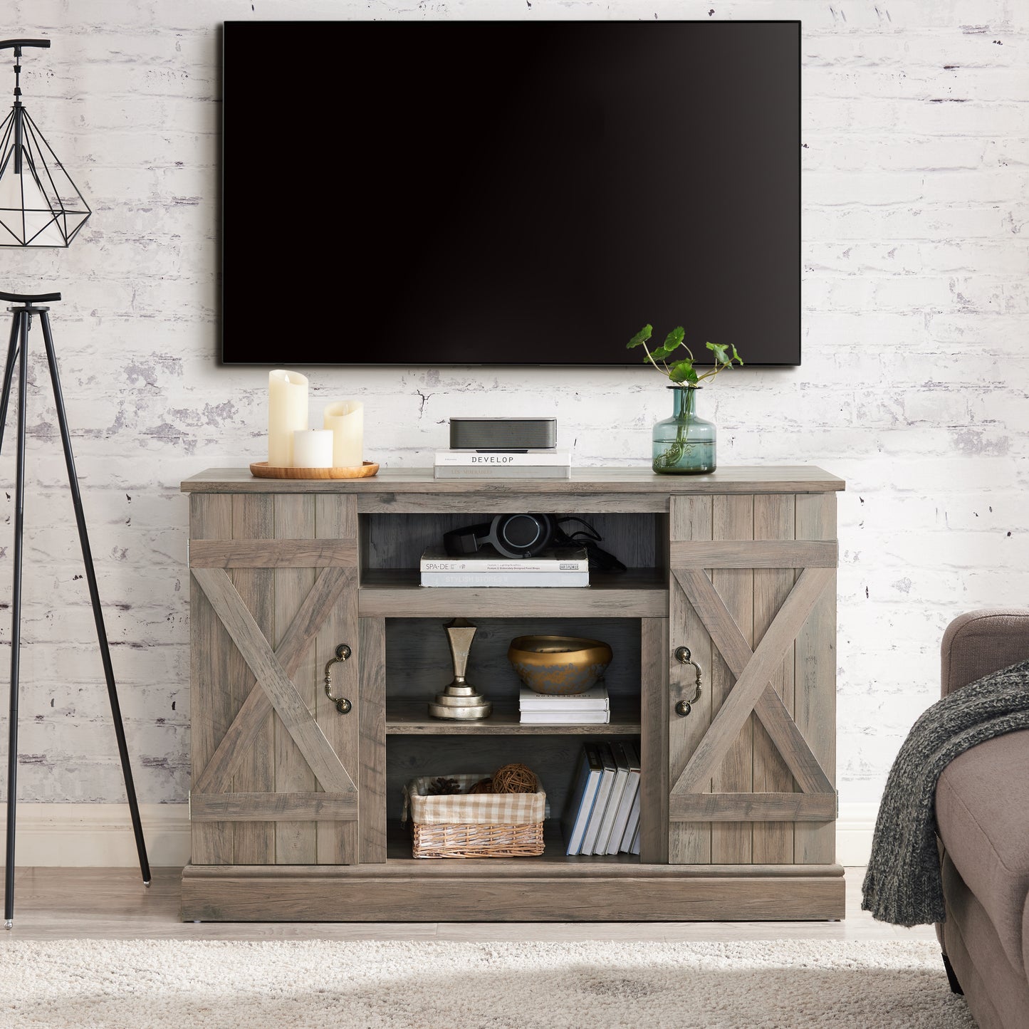 Farmhouse Classic Media TV Stand Antique Entertainment Console for TV up to 50' with Open and Closed Storage Space, Gray Wash, 47'W*15.5'D*30.75'H