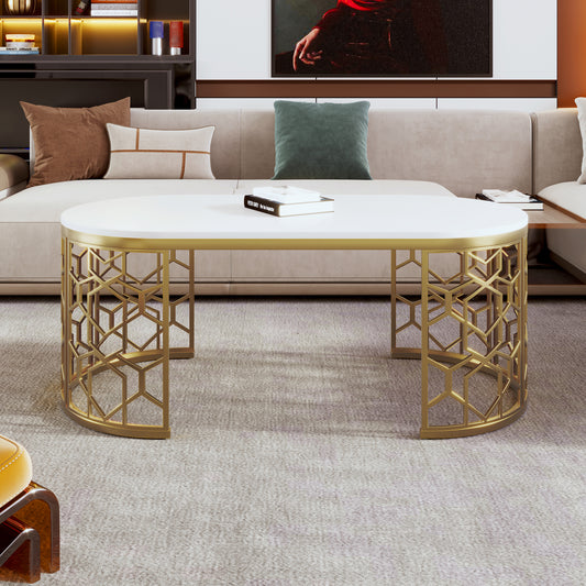 Modern Oval Coffee Table with Cut-Out Pattern Metal Stainless Steel Frame in 47.2'