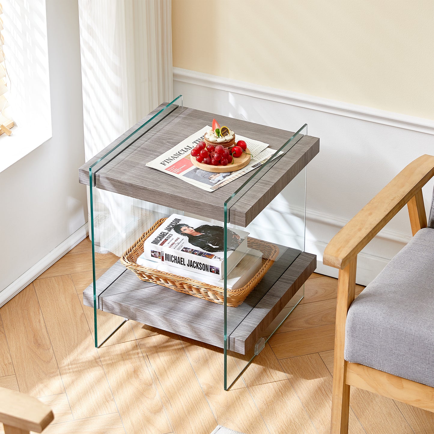 17.72' Sleek and Sturdy Tempered Glass Leg Side Table with Dual MDF Shelves, Modern nightstand  end table for living roon, bedroom, transparent/gray