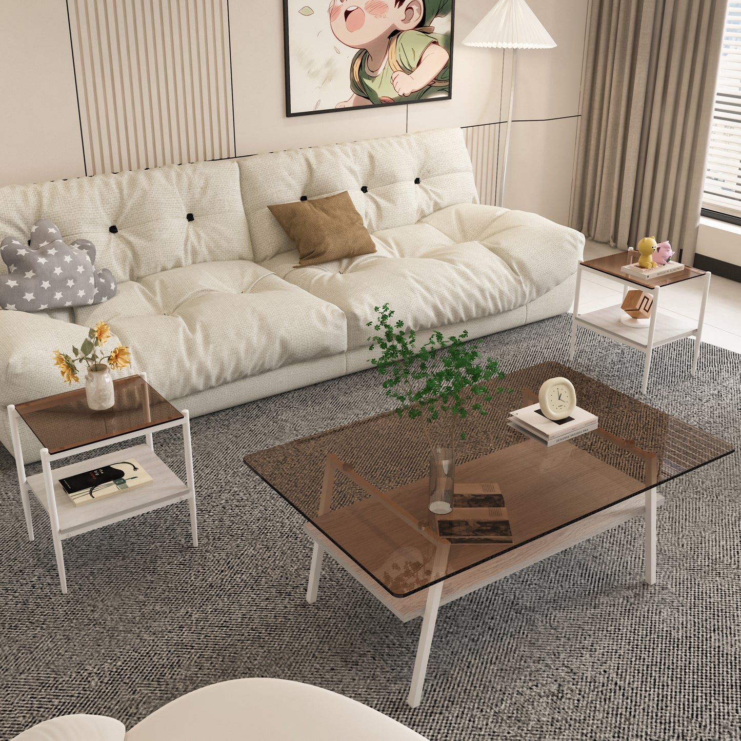 Coffee Table and End tables Set of 3, Tempered Glass Table with MDF layer, Modern Tables for Living Room , Brown Glass