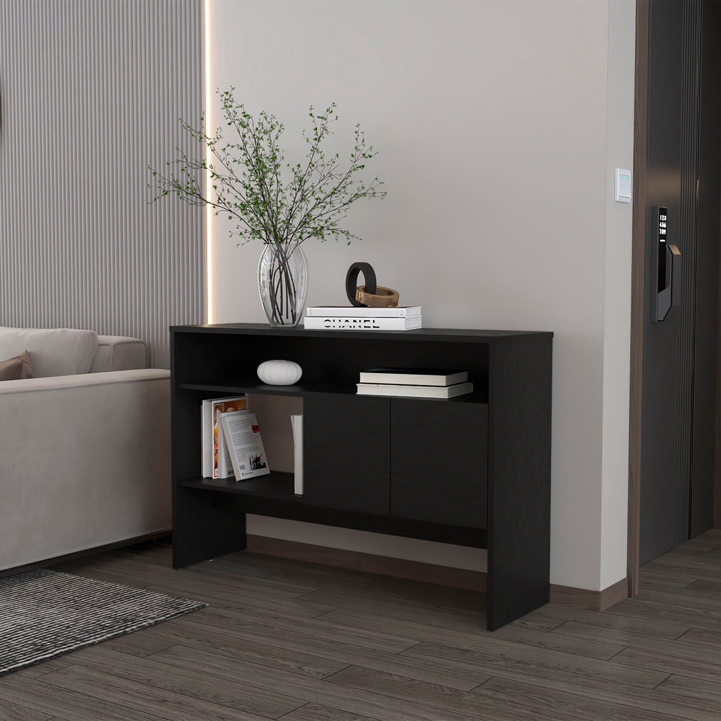 Bylas Console Table in Melamine With Two Doors y Open Storage, Black