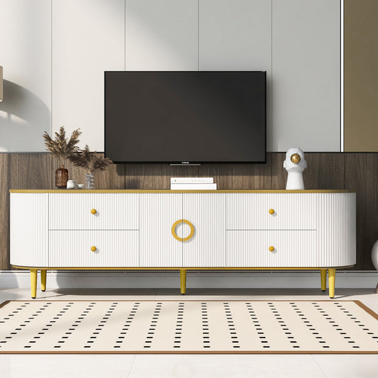 U-Can Modern TV Stand for TVs up to 80 Inches, Entertainment Center with 4 Drawers and 1 Cabinet, Wood TV Console Table with Metal Legs and Handles for Living room