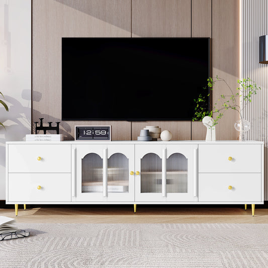 U-Can 70.9'' Modern TV Stand for TVs up to 75 Inches, Entertainment Center with Glass Door, 4 Drawers and 2 Cabinets, Five Metal Legs and Metal Handles for Living room (Date of Expect Arrival: 12/15)