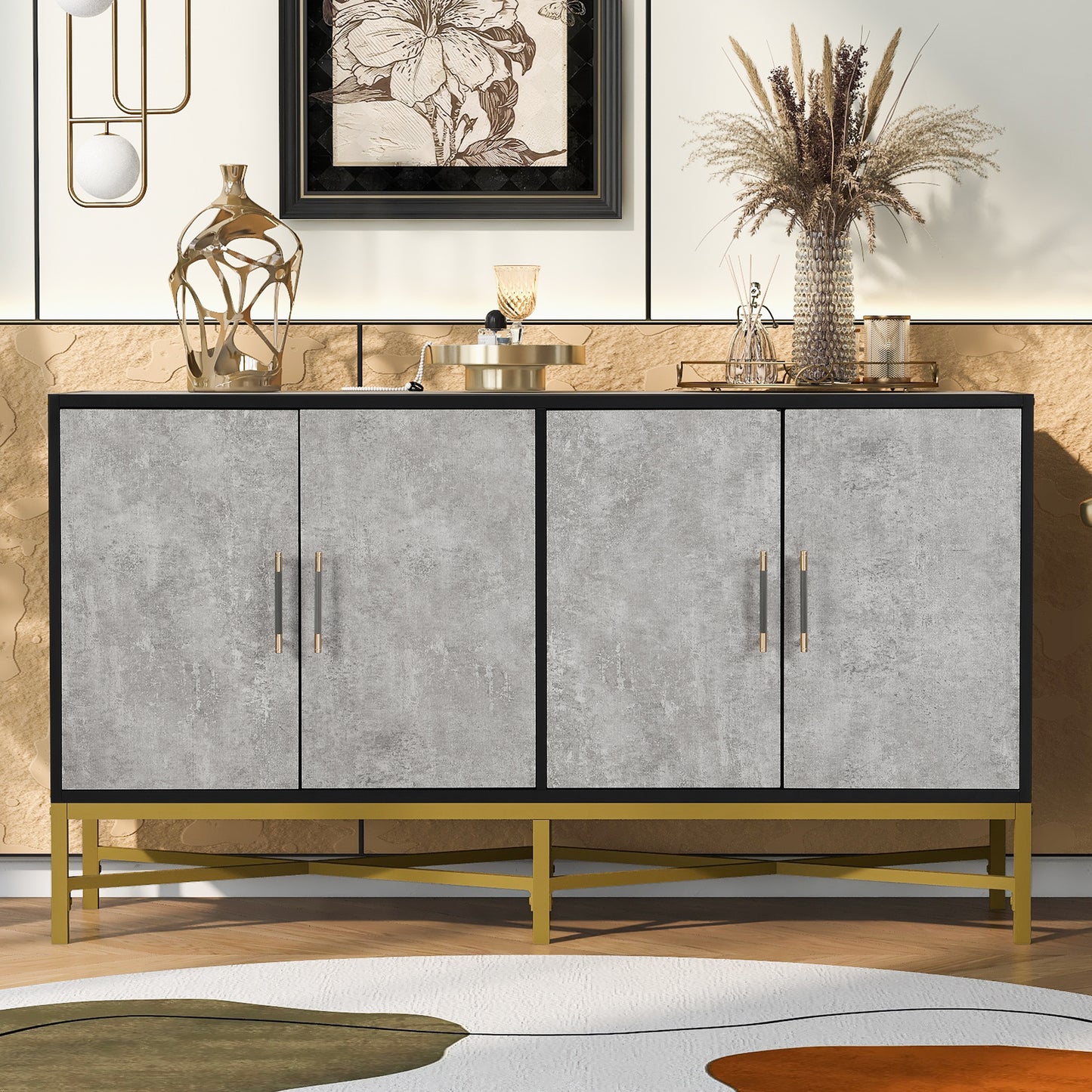 U_STYLE  Distinctive Features of Four-Door Sideboard with Metal and Cross-Leg Design,Suitable for Living Rooms,Entrance and Study