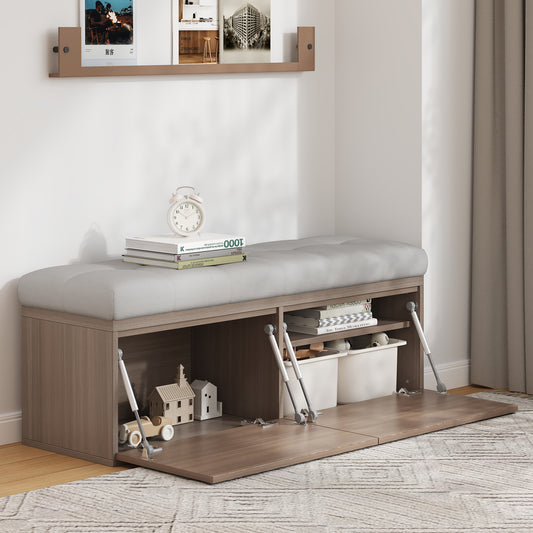 49' Storage Bench Storage Cabinet Storage Ottoman with Adjustable Shelves, Padded Seat Cushion and Double Doors for Entryway, Hallway and Bedroom, Light Grey