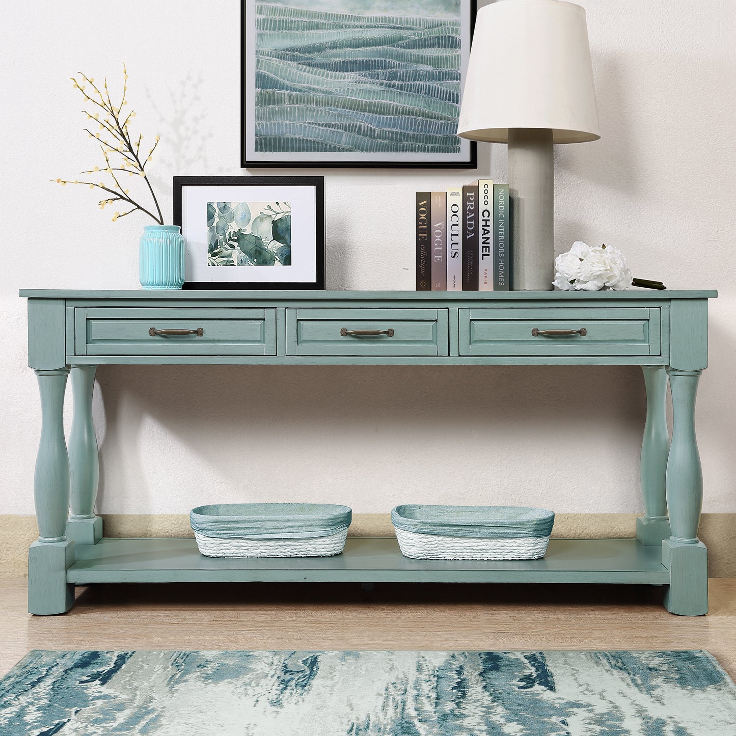 63inch Long Wood Console Table with 3 Drawers and 1 Bottom Shelf for Entryway Hallway Easy Assembly Extra-thick Sofa Table ( Retro Blue)