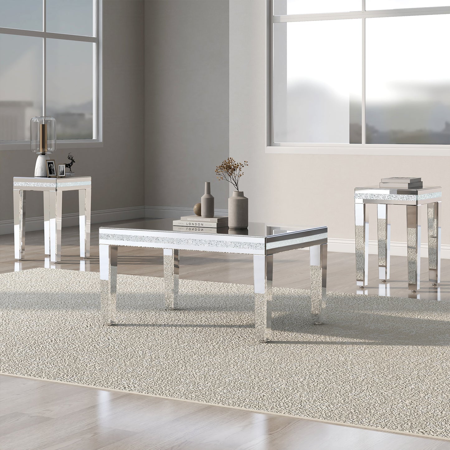 ON-TREND Fashionable Modern Glass Mirrored Coffee Table Set of 3, Easy Assembly Crystal Design Cocktail Table with 2 End Tables for Apartment Home Office, Silver