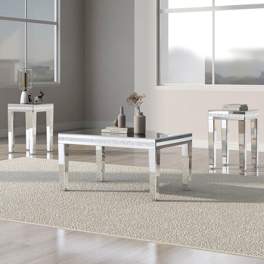 ON-TREND Fashionable Modern Glass Mirrored Coffee Table Set of 3, Easy Assembly Crystal Design Cocktail Table with 2 End Tables for Apartment Home Office, Silver