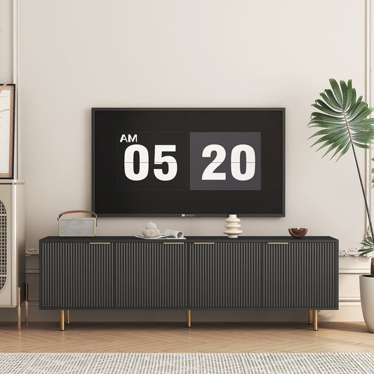 Black  Modern TV Stand Fluted 68' with Power Outlet, Entertainment Center with Storage Doors, TV Console Media Cabinet,  for 55+ Inch TV, Living Room