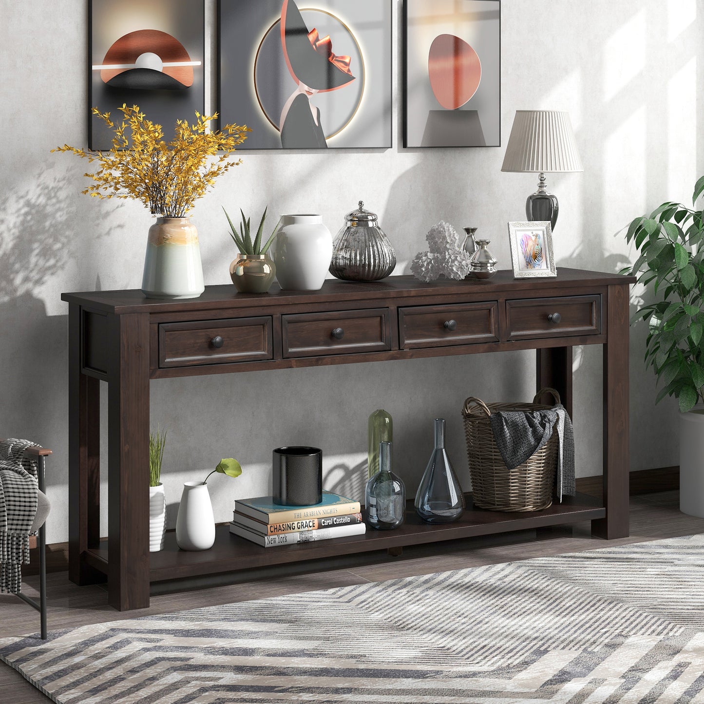 TREXM Console Table/Sofa Table with Storage Drawers and Bottom Shelf for Entryway Hallway(Espresso)