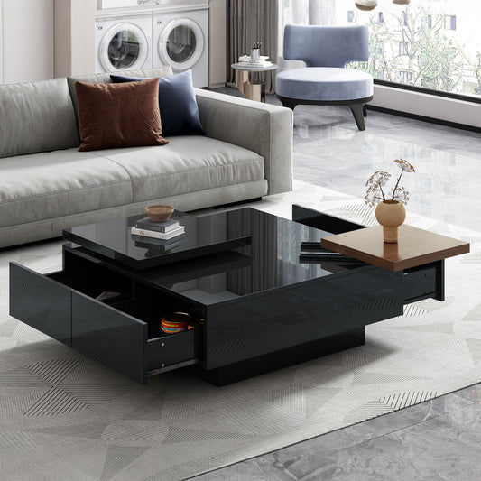 U-Can Movable Top Coffee Table, Modern Square Wood Coffee Table with High Gloss finish, 4 Hidden Storage Drawers for Living Room (Date of Expected Arrival: 11.25)