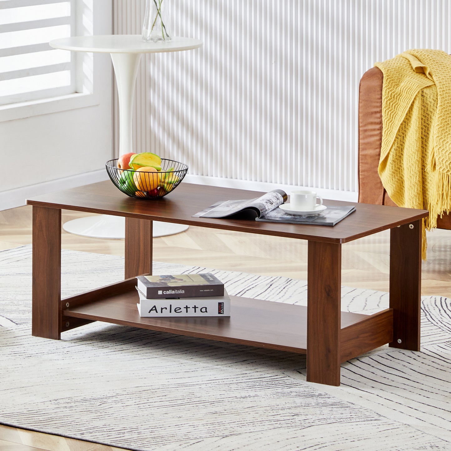 Modern and practical walnut textured coffee tables , tea tables. The double layered coffee table is made of MDF material. Suitable for living room  43.3'*21.6'*16.5'  CT-16