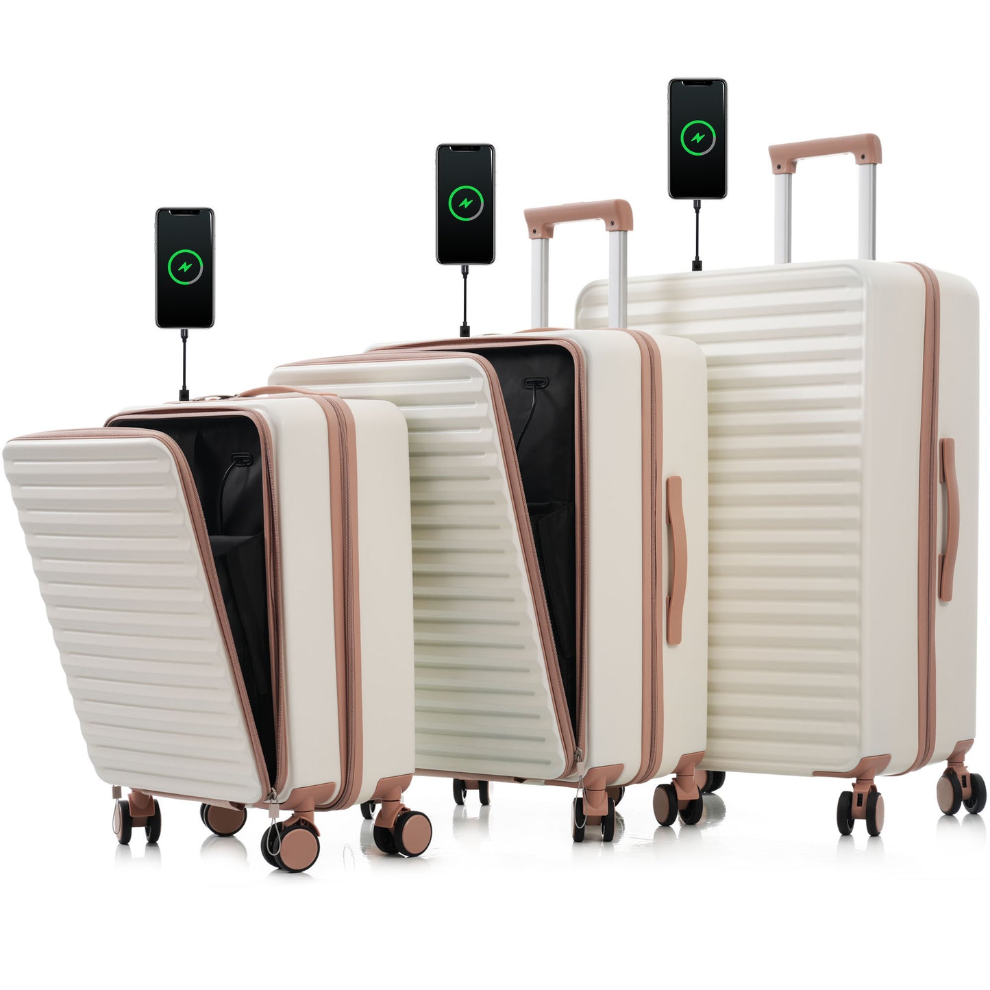 Luggage 3 Piece Sets20'24'28', 20 '24' with front pocket,Hard Shell Luggage Carry on Luggage Set with TSA Lock ,
 usb, universal wheel,cup holder,milky white
