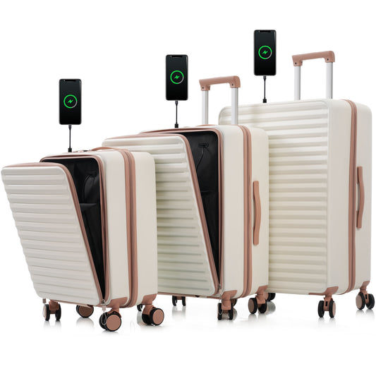 Luggage 3 Piece Sets20'24'28', 20 '24' with front pocket,Hard Shell Luggage Carry on Luggage Set with TSA Lock ,
 usb, universal wheel,cup holder,milky white