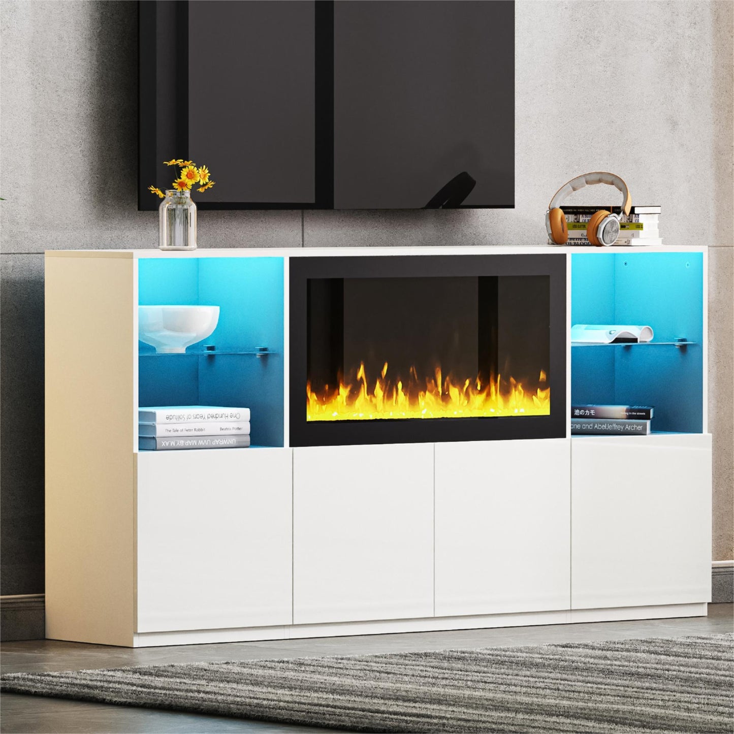 ON-TREND High Gloss TV Stand with 34.2' Non-heating Electric Fireplace, Modern Entertainment Center with LED Light, Media Console with Tempered Glass Shelves for TVs up to 75', Living Room, White