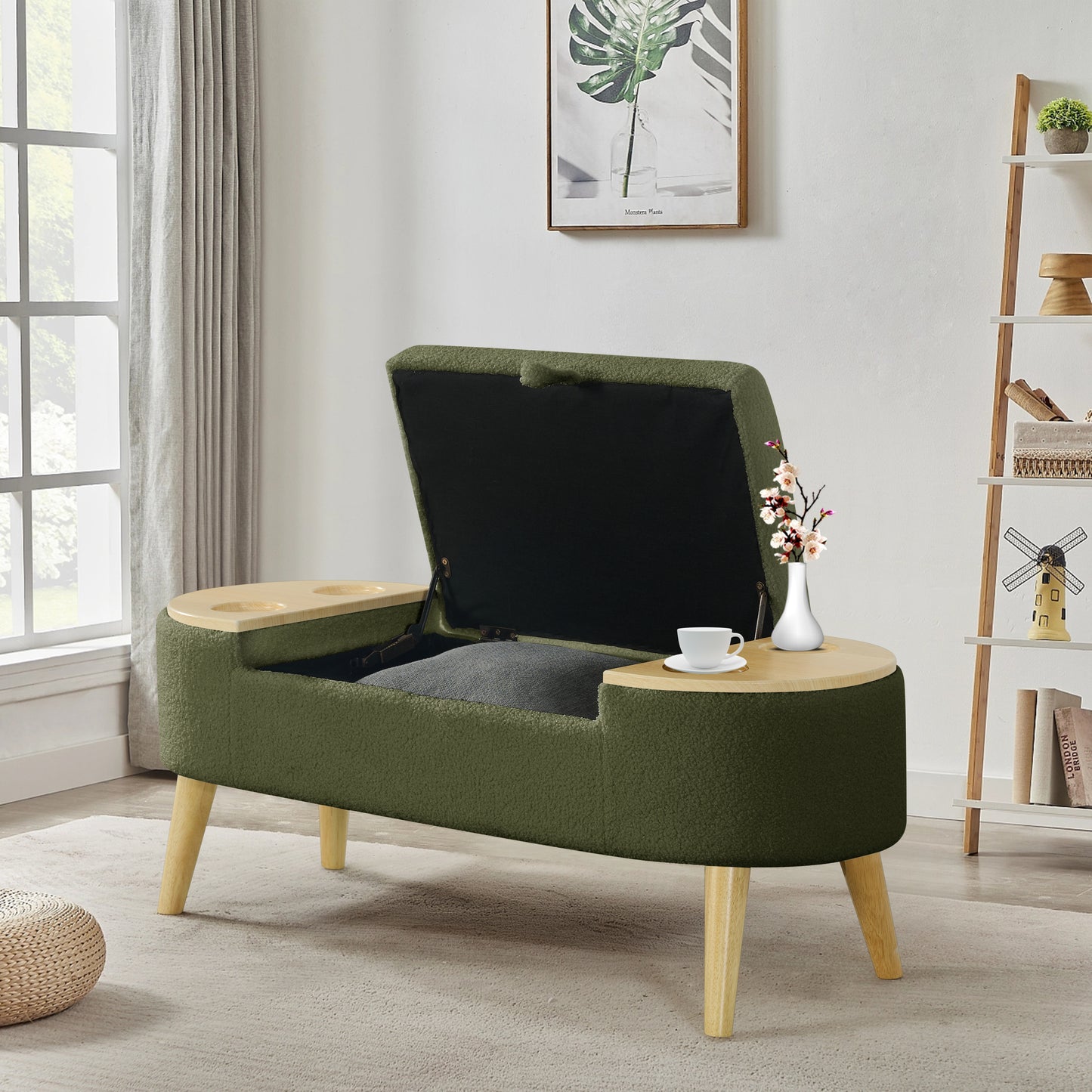 Ottoman Oval Storage bench 3D pile fabric bench with large storage space for living room, entryway and bedroom ingreen
