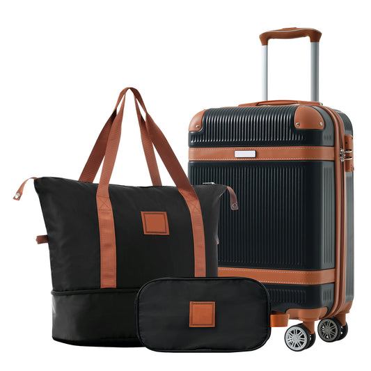 Hardshell Luggage Sets 3 Piece Carry-on Suitcase Double Spinner Wheels with TSA Lock for Men Women, Black (20in)