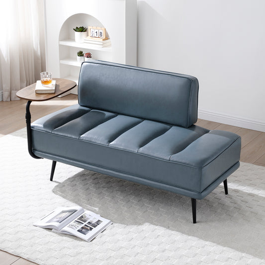 55'Inch Width Modern End of Bed Bench,Grey Faux Leather Upholstered With side table, 360-degree Swivel tray couch,Entryway Ottoman,Window Bench with  Metal Legs for Bedroom, Living Room