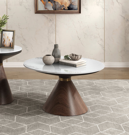 Luxury Living Room Furniture 1pc Cocktail Table White Sintered Stone Top Decorative Oak Finish Wood with Gold-Tone Metal Band