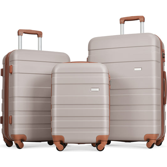 Luggage Sets New Model ABS Hardshell 3pcs Clearance Luggage Hardside Lightweight Durable Suitcase sets Spinner Wheels Suitcase with TSA Lock 20''24''28''( light brown)