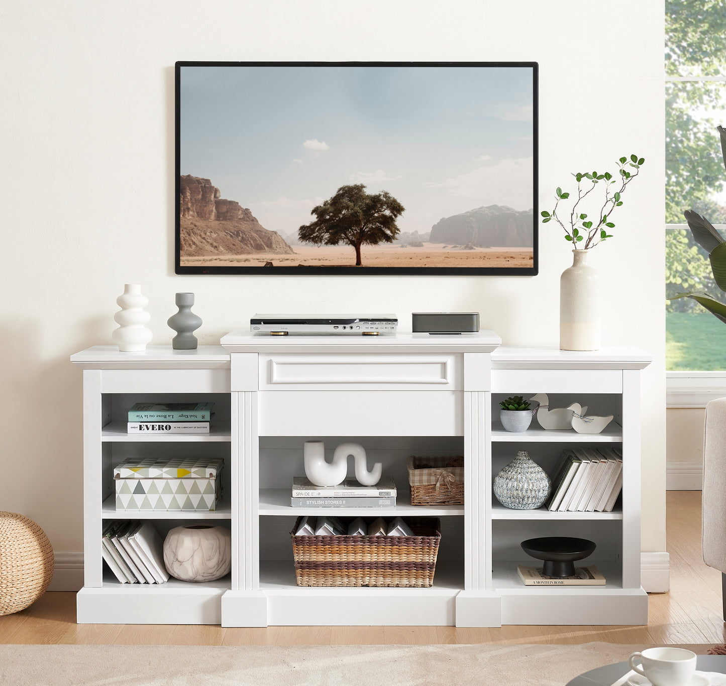 Media Console Table with Large Storage Cabinet, Modern TV Media Entertaionment Stand, White, 65.75'W*17'D*32.48'H