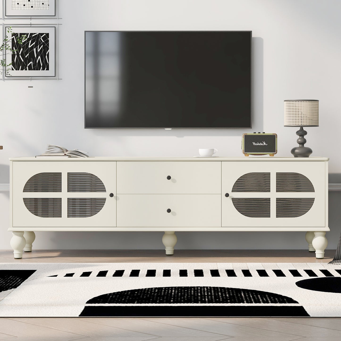 U-Can 68.9'' Modern TV Stand for TVs up to 75 Inches, Entertainment Center Media Console with Fluted Glass Doors, Five Solid Wood Legs for Living room