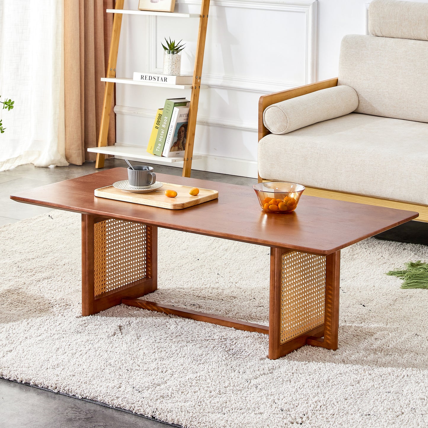 Chinese style log wind Imitation rattan Walnut color tea table rectangular solid wood coffee low table small family living room tea table