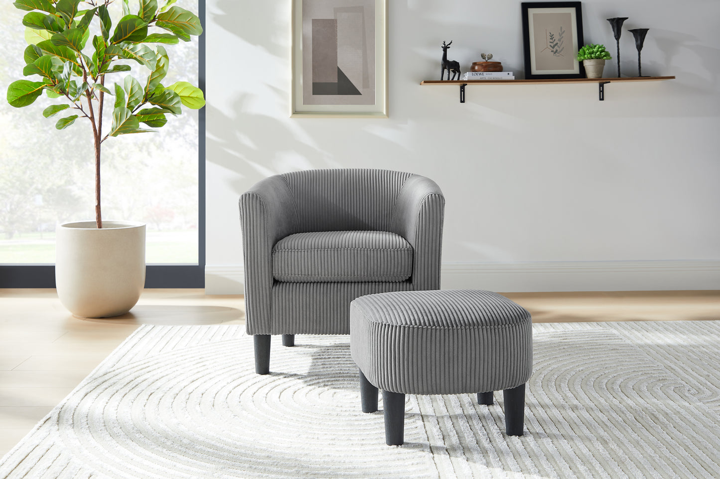 Modern Accent Chair,Upholstered Arm Chair Corduroy Single Sofa Chair with Ottoman Foot Rest Comfy Armchair for Living Room Bedroom and Office,Grey