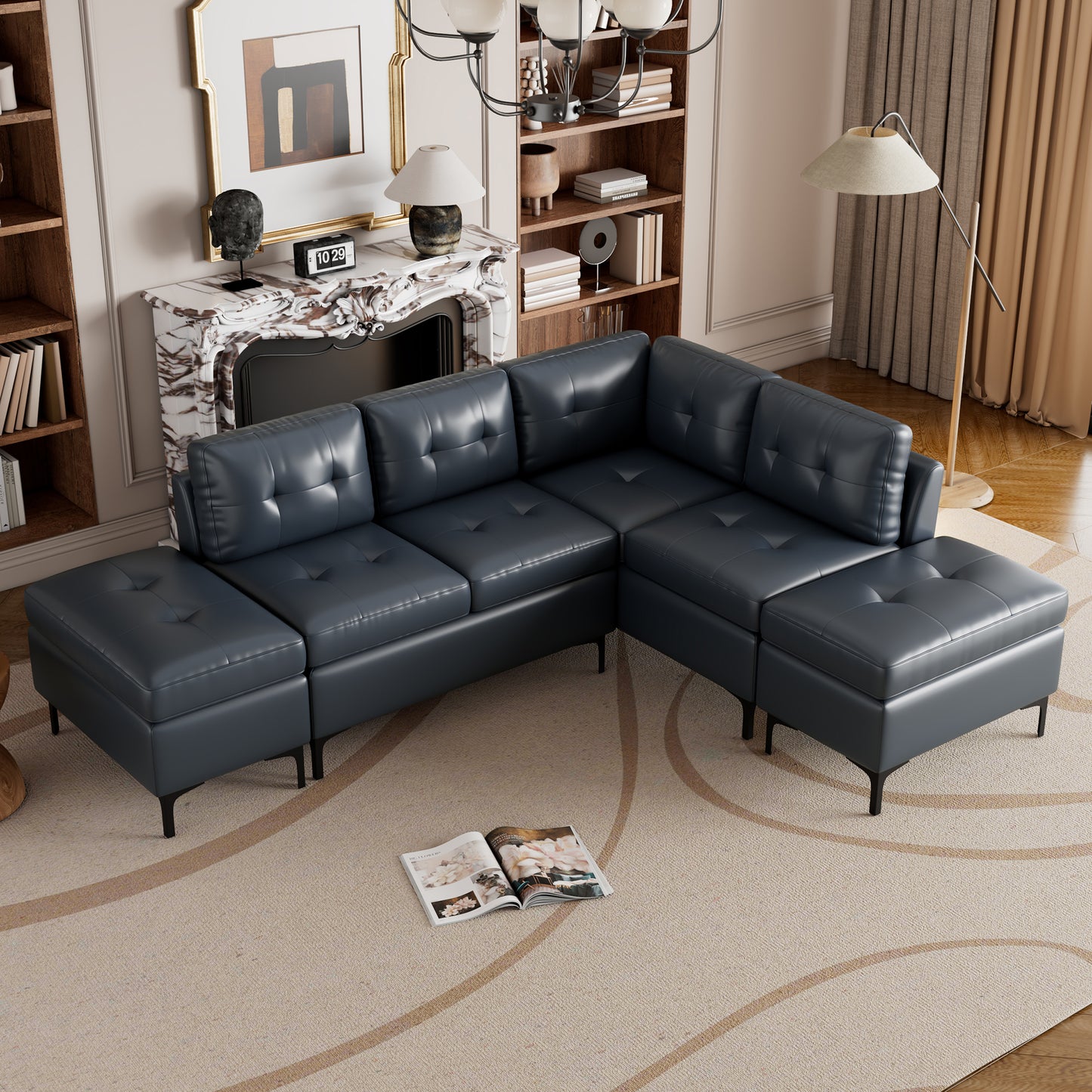 94.88' L-Shaped Corner Sofa Pu Leather Sectional Sofa Couch with Movable Storage Ottomans for Living Room, Blue