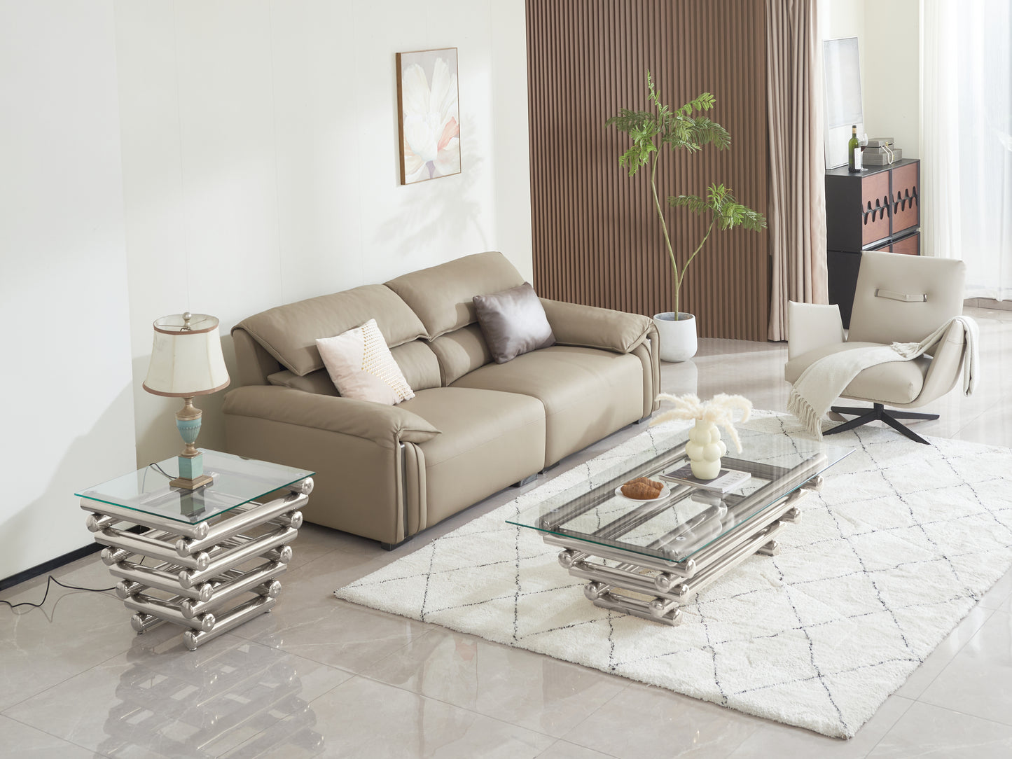 Modern Stainless Steel Coffee Table Set (Set of 2), Clear Tempered Glass Table Top, Coffee Table & End Side Table 2-Pieces Sets for Living Room, Silver