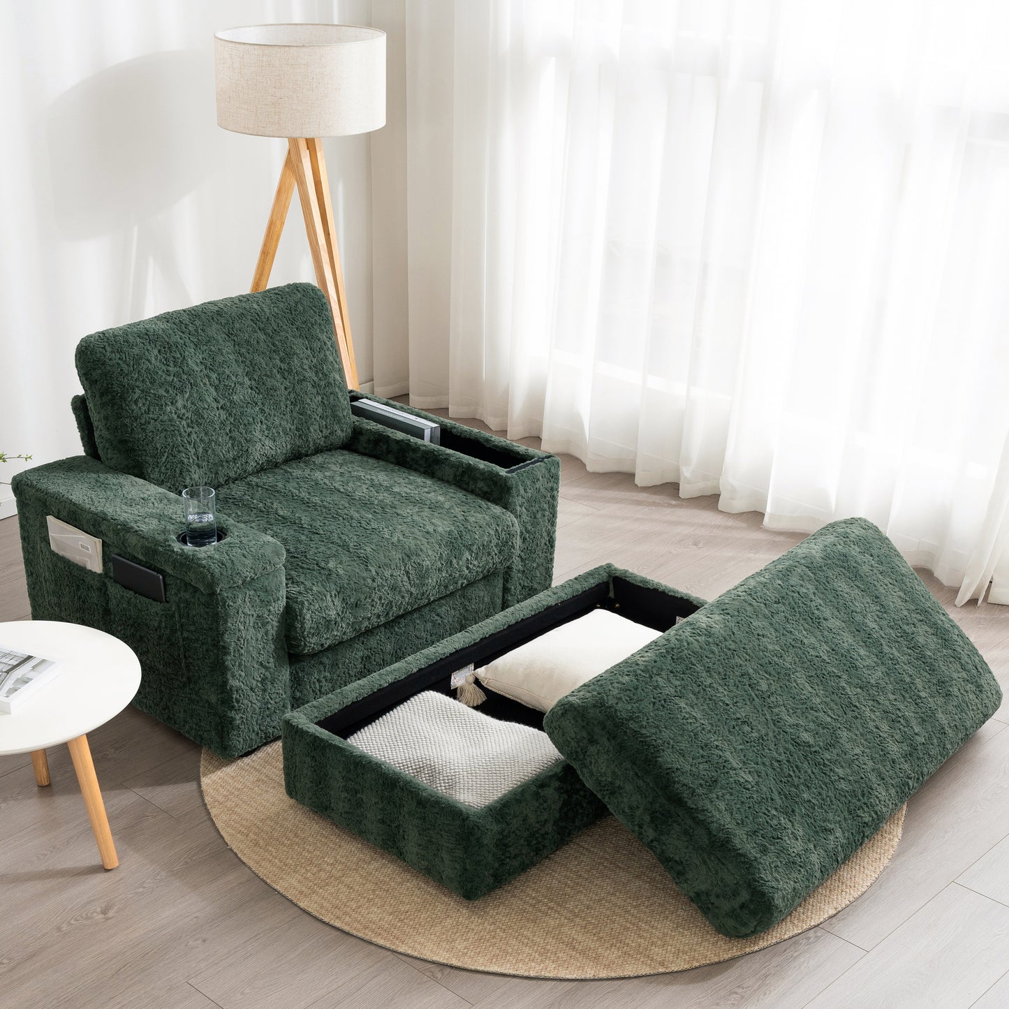 [Video]42' Oversized Chaise Lounge Indoor,Faux Rabbit Fur Sofa Bed with Storage Ottoman and Armrests,Cup Holders,Upholstered Sleeper Chair,Reading Couch with Deep Seat for Living Room,Bedroom,4 Colors