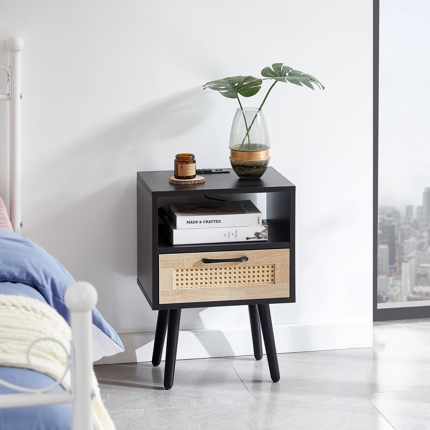 15.75' Rattan End table with Power Outlet  & USB Ports , Modern nightstand with drawer and solid wood legs, side table for living room, bedroom,black