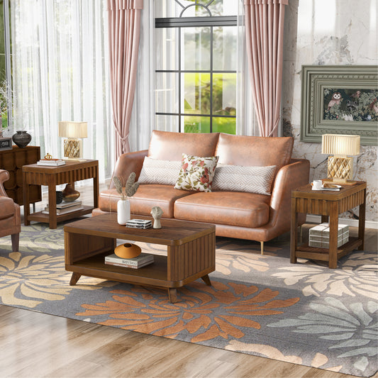 Rectangular Living Room Coffee Table Set, 3-Piece Living Room Table Set with Solid Wood Legs, 1 Coffee Table and 2 End Table, Wood Center Table Tea Table Set .Easy Assembly, Walnut