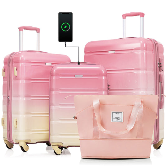 Luggage Sets 4 Piece, 20-inch with USB Port, Expandable ABS Durable Suitcase with Travel Bag,  Cup Holder, ABS+PC Hard Shell Luggage with Spinner Wheels, Gradient Pink
