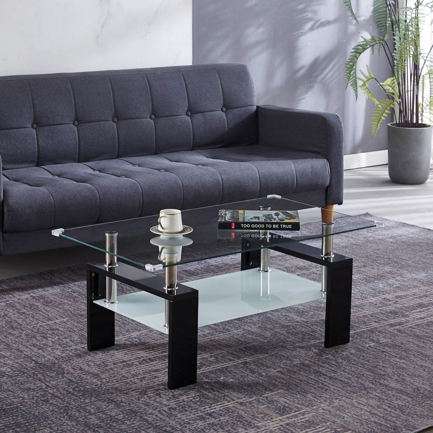 Artisan Center Coffee Table, Tempered Glass Top Stainless Steel Legs for Living Room, Black