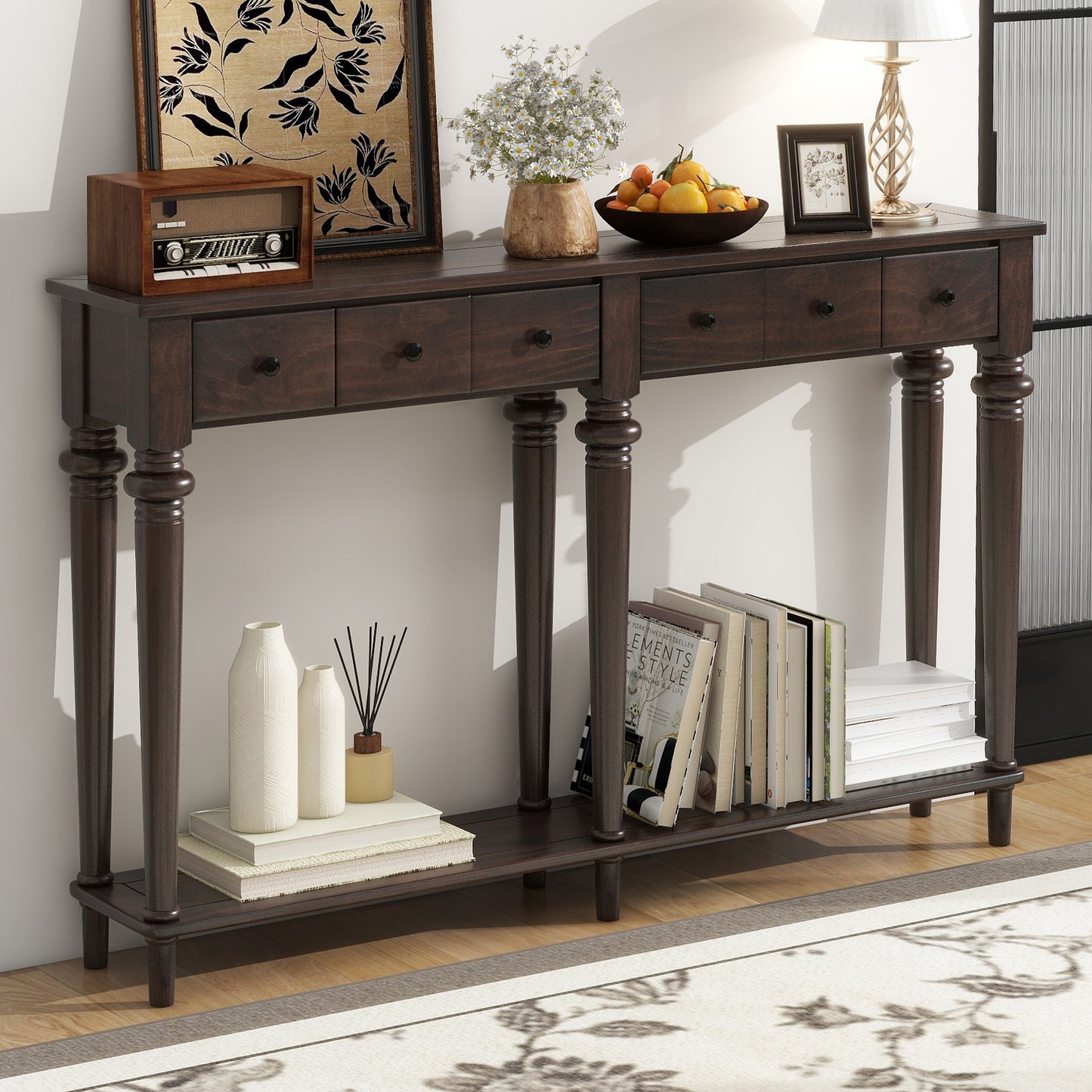 TREXM Retro Console Table with 4 Drawers and Open Shelf, perfect for Entryways, Living Rooms, and Hallways (Espresso)
