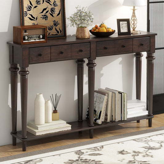 TREXM Retro Console Table with 4 Drawers and Open Shelf, perfect for Entryways, Living Rooms, and Hallways (Espresso)