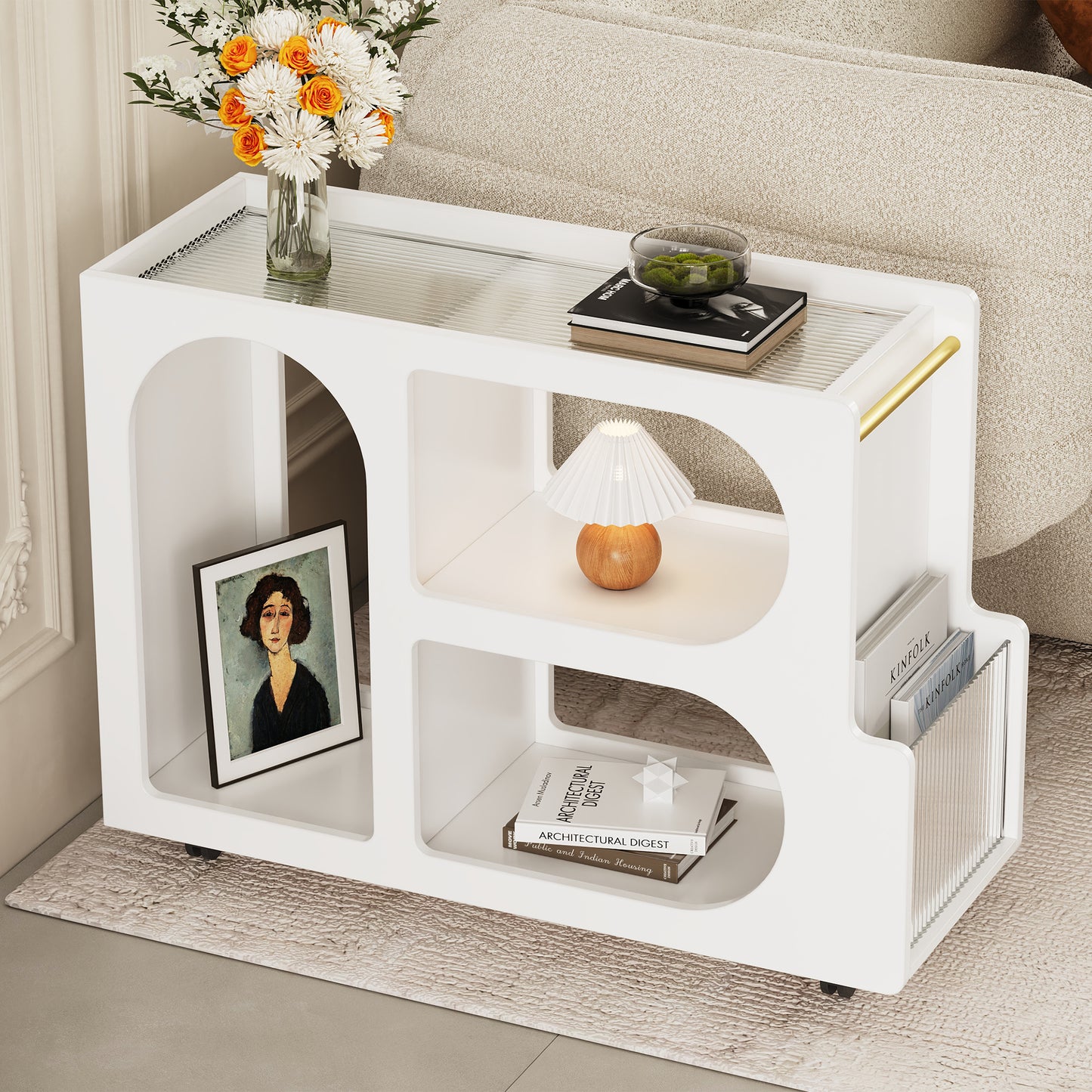 ON-TREND Mobile End Table with Lockable Wheels, Narrow Coffee Table with 5mm Thick Fluted Tempered Glass, Modern Nightstand with Golden Round Rod, Living Room, White, 31.5''W x11.8''D x 23.1''H