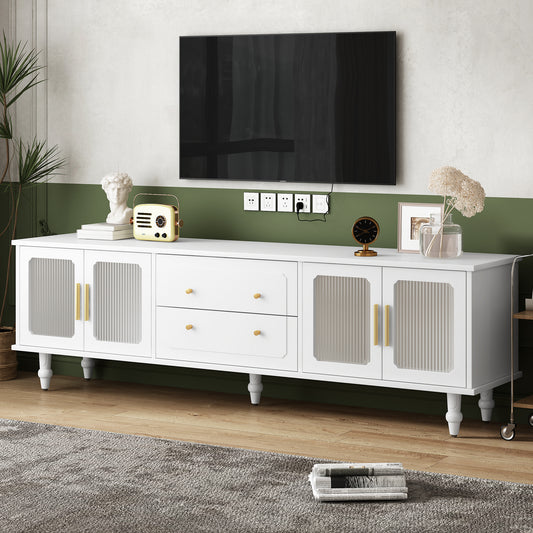 ON-TREND Retro Design TV Stand with Fluted Glass Doors for TVs Up to 78'', Practical Media Console with 2 Drawers and Cabinets, Elegant Entertainment Center for Living Room, White