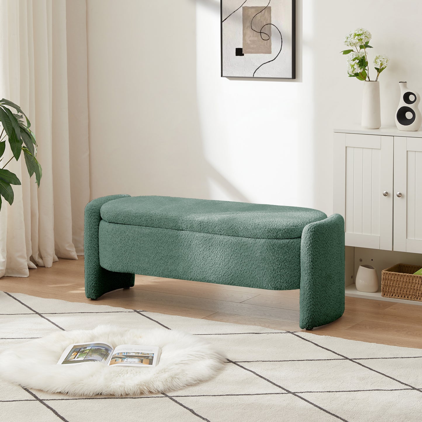 Ottoman Oval Storage Bench 3D Lamb Fleece Fabric  Bench with Large Storage Space for the Living Room, Entryway and Bedroom,green