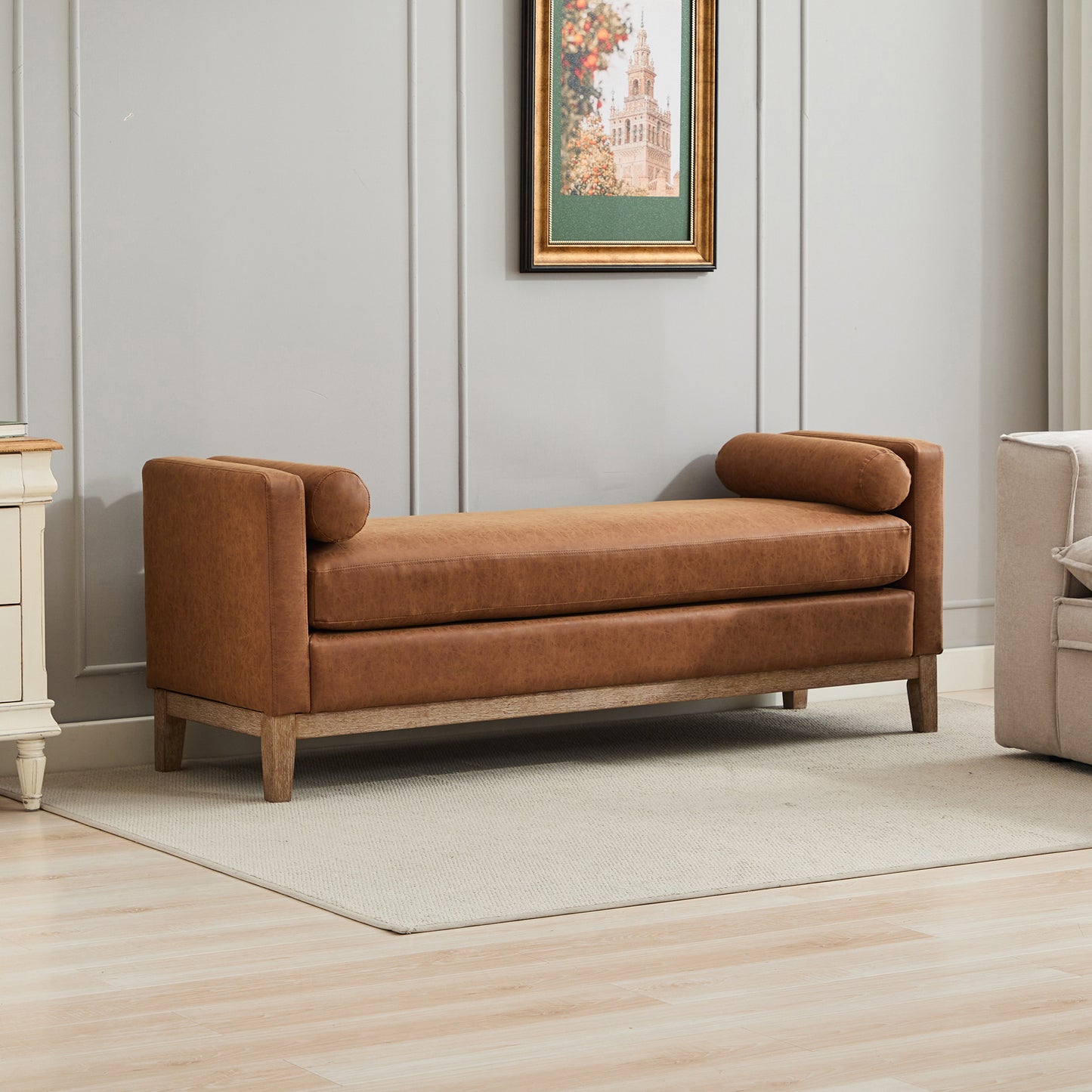 66.34'W Elegant Upholstered Bench,Daybed, Ottoman with Wood Legs & 2 Bolster Pillows for End of Bed, Bedroom, Living Room, Entryway,Brown Polyurethane(PU)