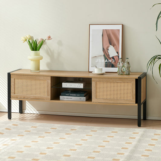 54.33' Rattan TV cabinet with variable color light strip, double sliding doors for storage,  adjustable shelf, metal legs, TV console for living room ,natural
