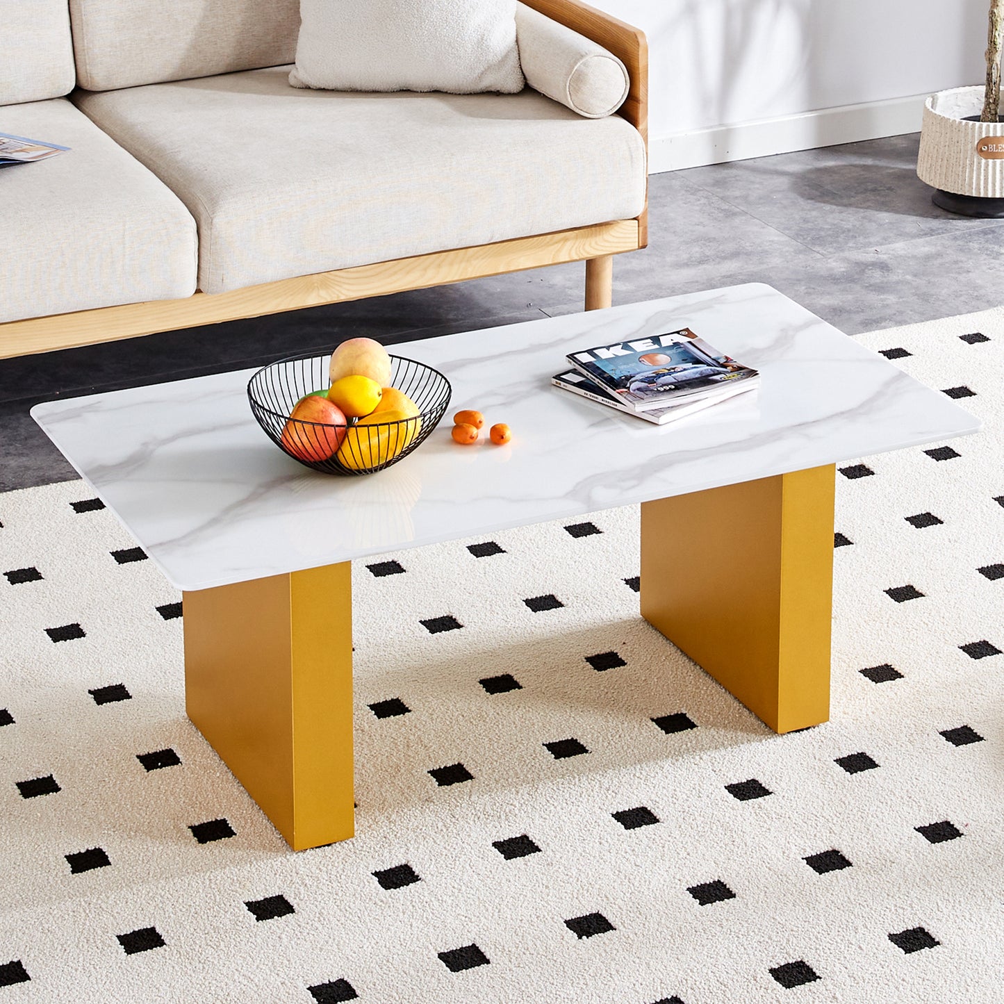 Modern minimalist Tempered glass with sticker desktop coffee table and dining table, paired with golden MDF decorative columns. Computer desk. Game table.Tempered Glass Top With White Texture sticker.