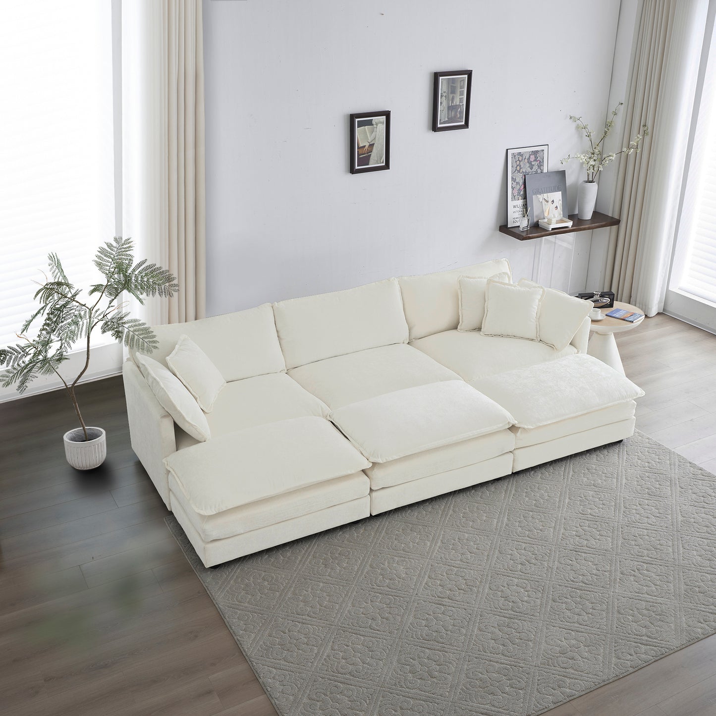 Comfortable Deep Seat Reversible Modular 6 Seater Sectional Super Soft Sofa U Shaped Sectional Couch with 3 Ottomans, 3 Toss Pillows and 2 Arm Pillows