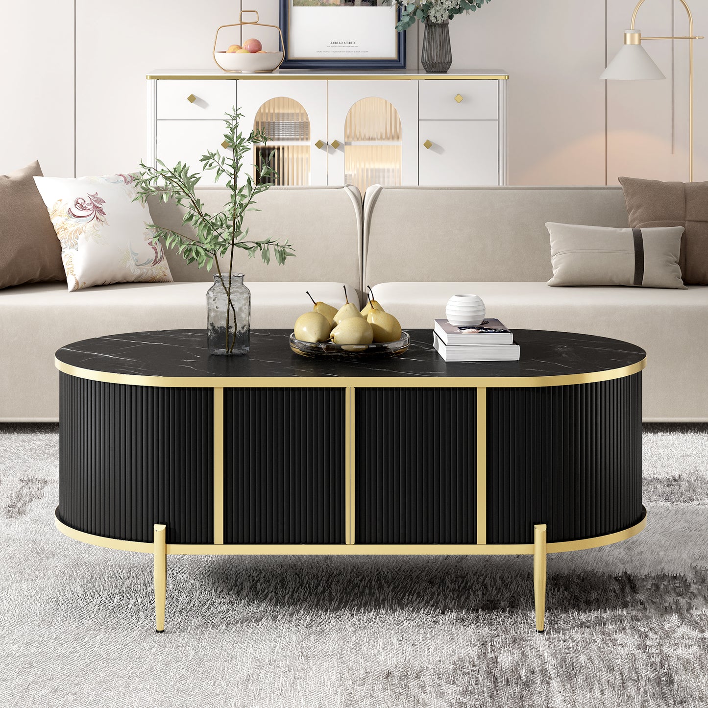 U-Can Modern Luxury Oval shaped Fluted Coffee Table, Marble-patterned Top Coffee Table with 2 Cabinets, Metal Legs and Handles for Living Room, Black