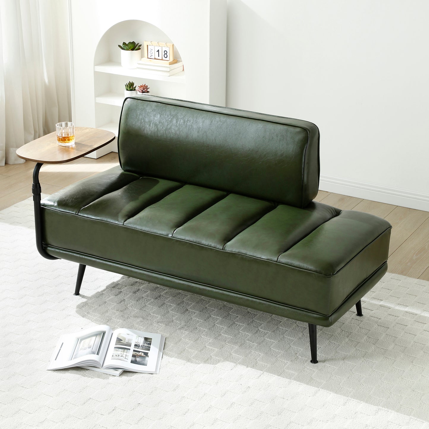 55'Inch Width Modern End of Bed Bench,Green Faux Leather Upholstered With side table, 360-degree Swivel tray couch,Entryway Ottoman,Window Bench with  Metal Legs for Bedroom, Living Room