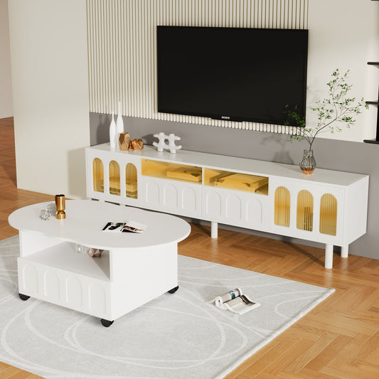 ON-TREND Cream Style TV Stand and Coffee Table Set of 2,  LED Light Strip TV Stand for TVs Up to 80'', Cloud Top Coffee Table with 2 Brake Wheels for Living Room, White